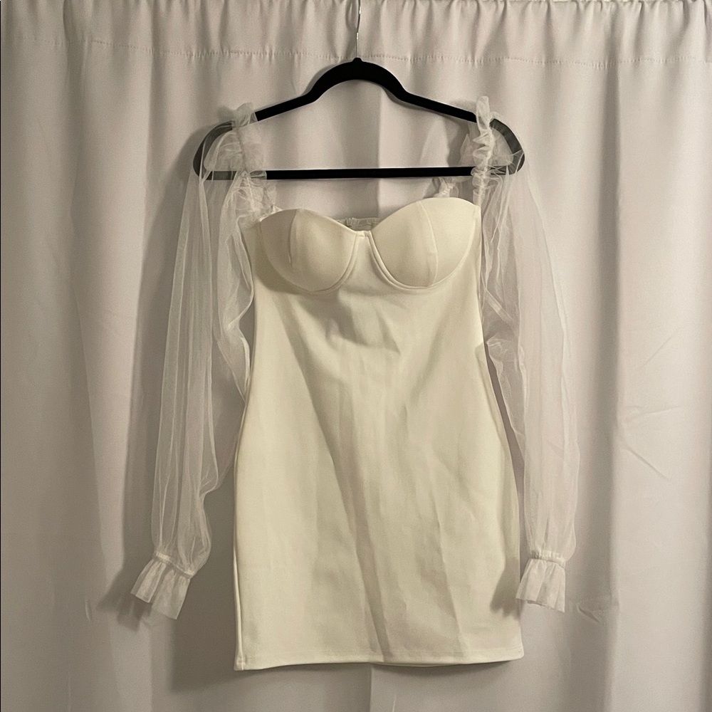 Elegant White Bustier Dress with Sheer Sleeves